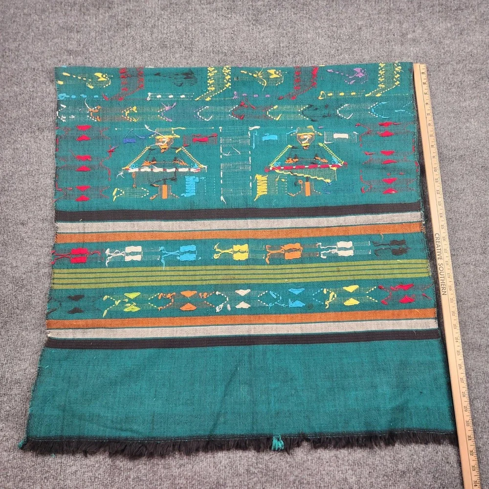 Vintage Handwoven Guatemalan Tapestry Teal Mayan Folk Art Bird Textile 60x30